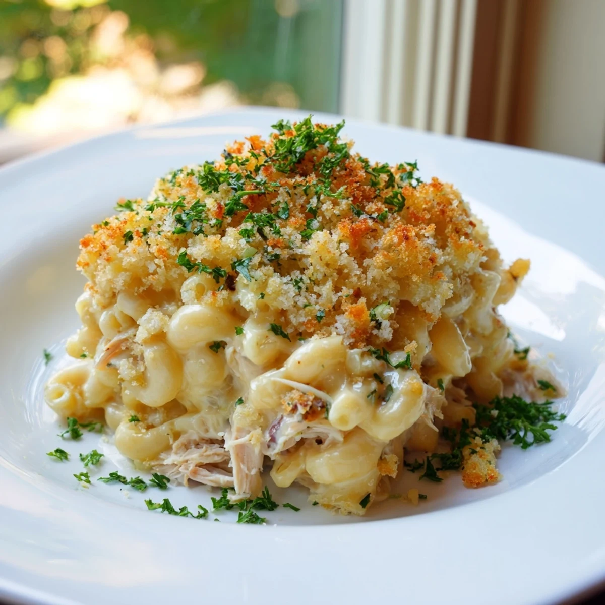 Golden-brown Barbecue Pulled Pork Mac and Cheese bubbling hot, ready for a comforting bite.