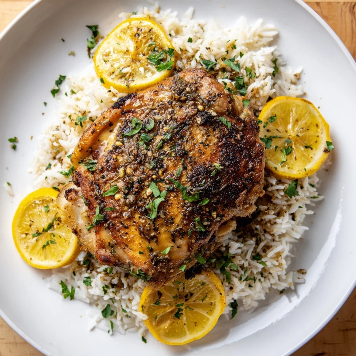 Golden-brown Lemon Pepper Chicken glistening, served atop fluffy rice; a delightful, easy American meal.
