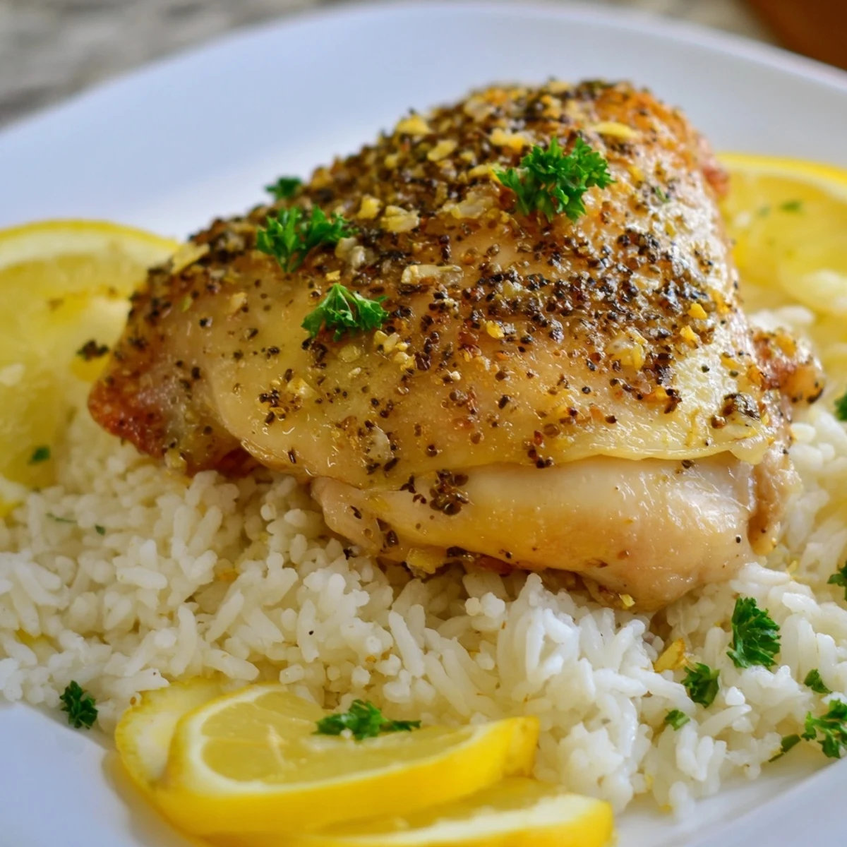 Bright and savory, this Lemon Pepper Chicken recipe shows off its lemon zest, served with perfect rice.
