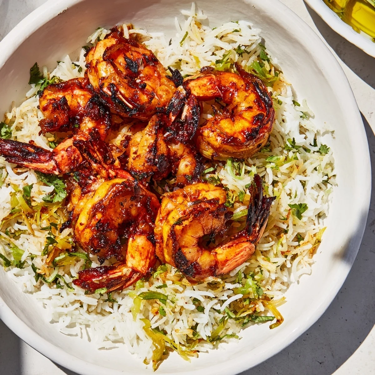 Smoky chipotle grilled shrimp served over fluffy rice, a complete meal full of zesty flavors.
