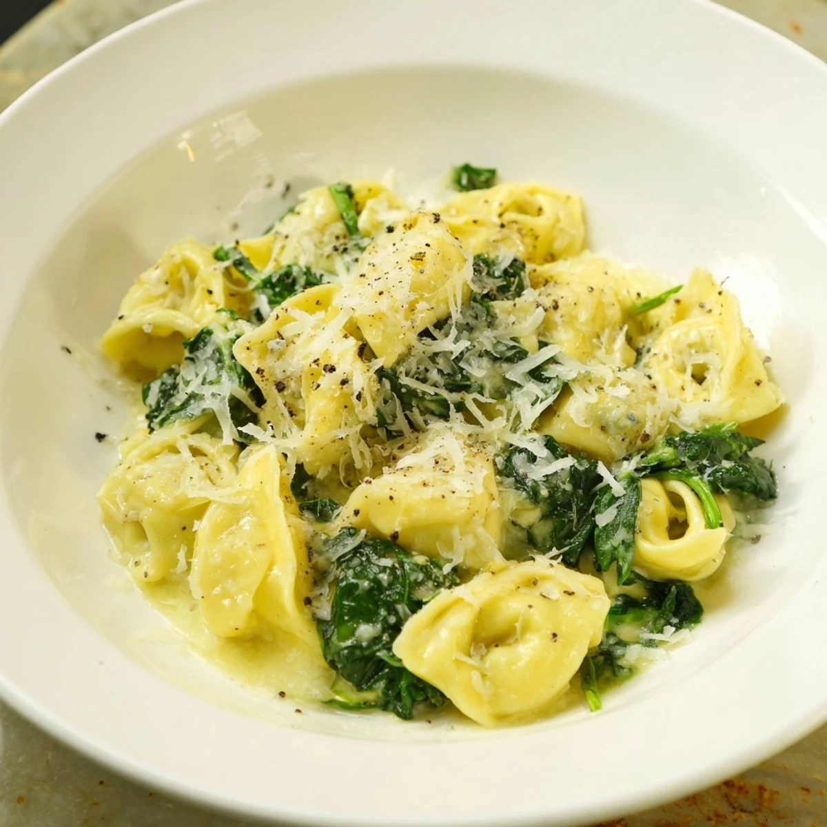 A steaming skillet of creamy spinach Alfredo tortellini, perfectly coated in rich, flavorful sauce.
