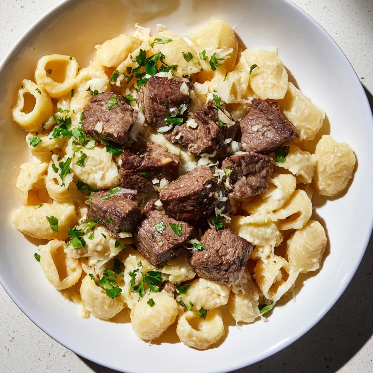 Garlic butter steak bites glistening from the skillet, served atop creamy, cheesy pasta shells.
