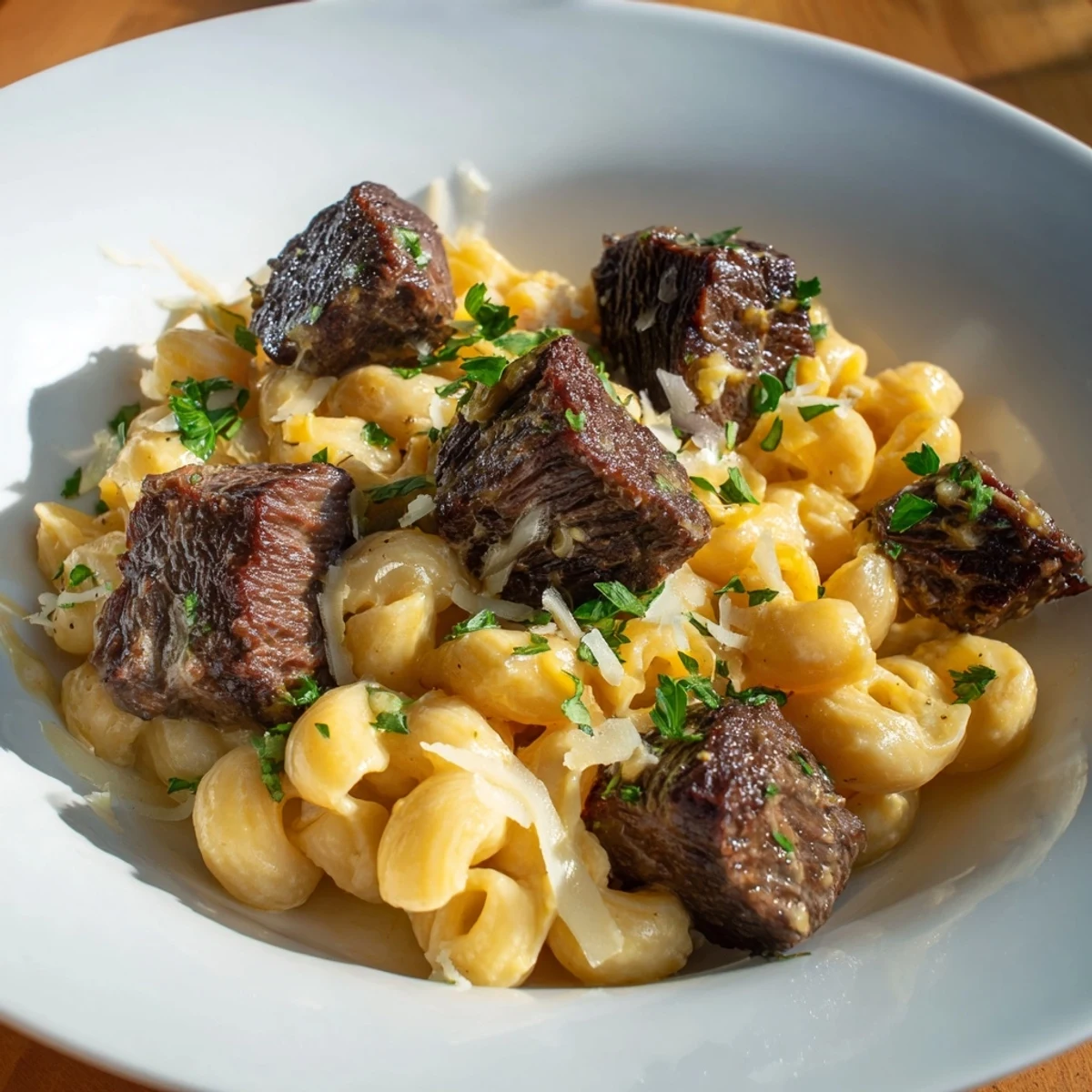 Sizzling garlic butter coats the perfectly seared garlic butter steak bites and cheesy shells.
