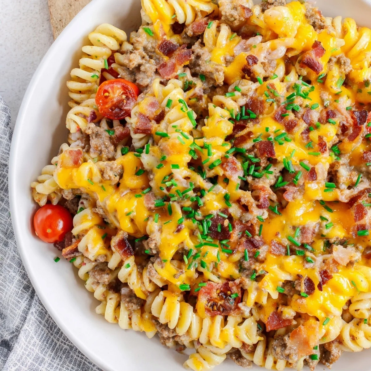 A bubbling Bacon Cheeseburger Pasta Bake with crispy bacon and melted cheese, ready to serve.