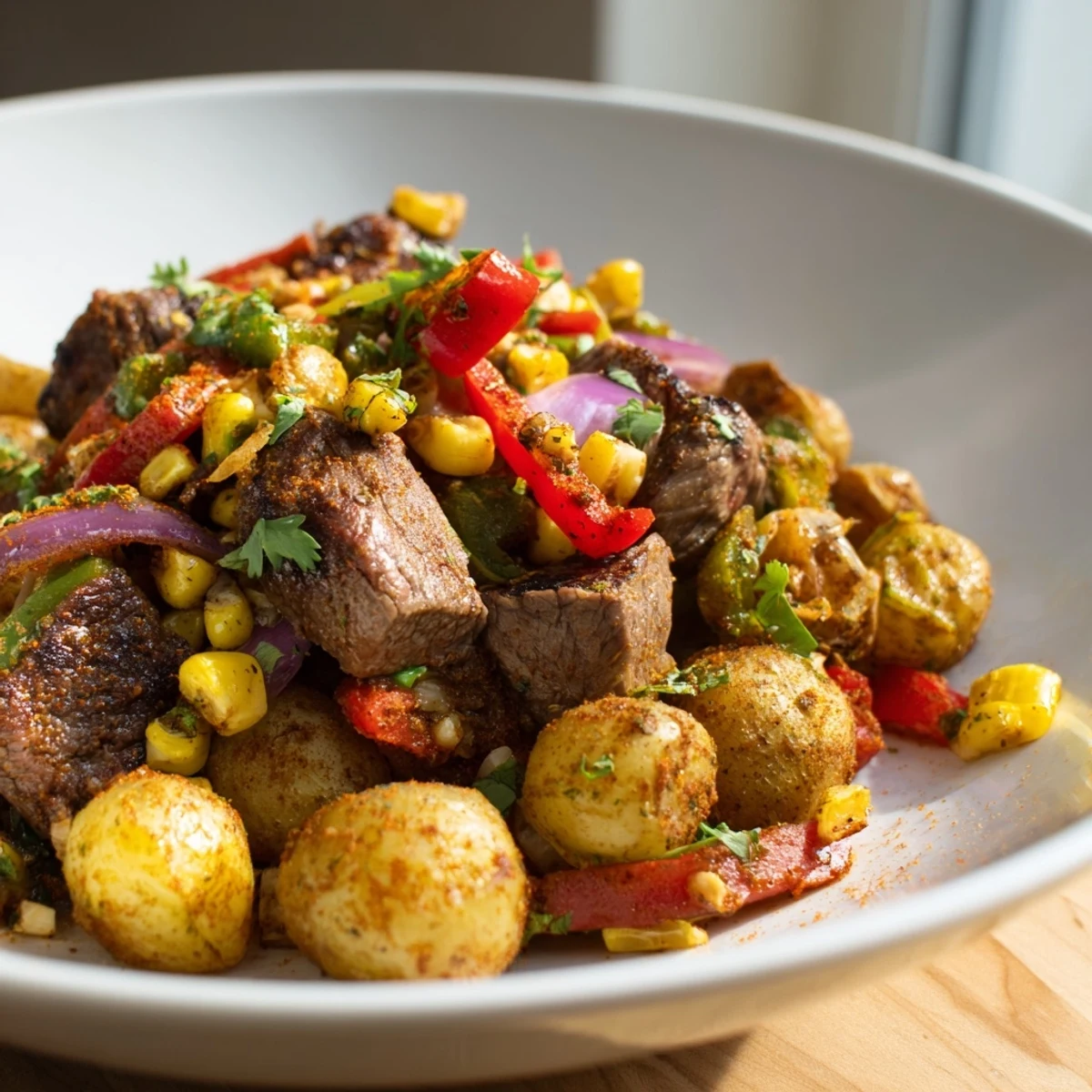 Golden potatoes and juicy steak sizzle in a skillet, creating a delicious Southwest Steak & Potato Skillet.