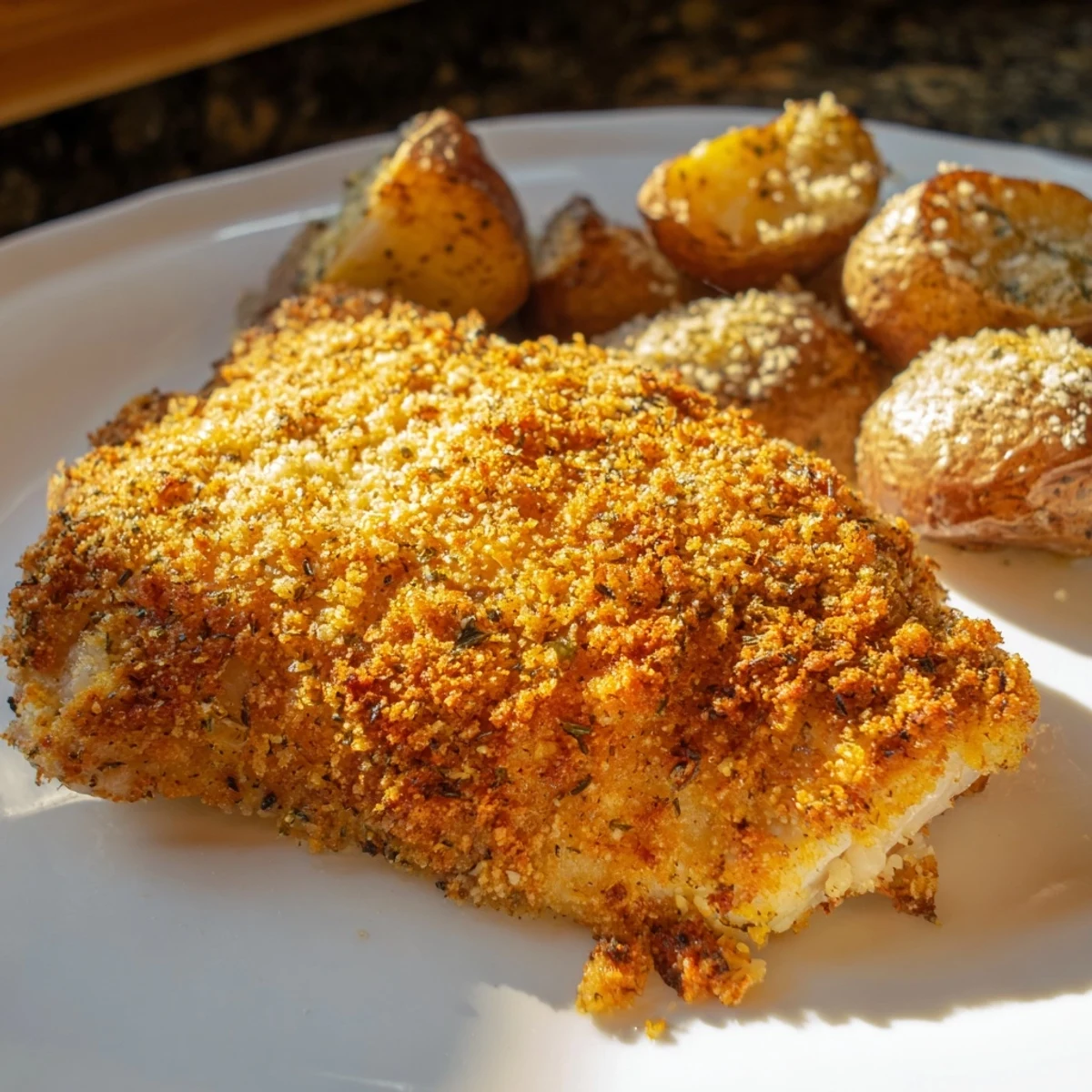 Mouthwatering image of a family-friendly Crispy Parmesan Crusted Chicken & Potatoes meal, ready to serve!