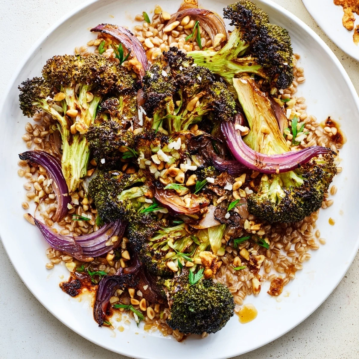 Savory Warm Roasted Broccoli with Garlic-Lemon & Farro Base, featuring caramelized florets atop nutty grains.