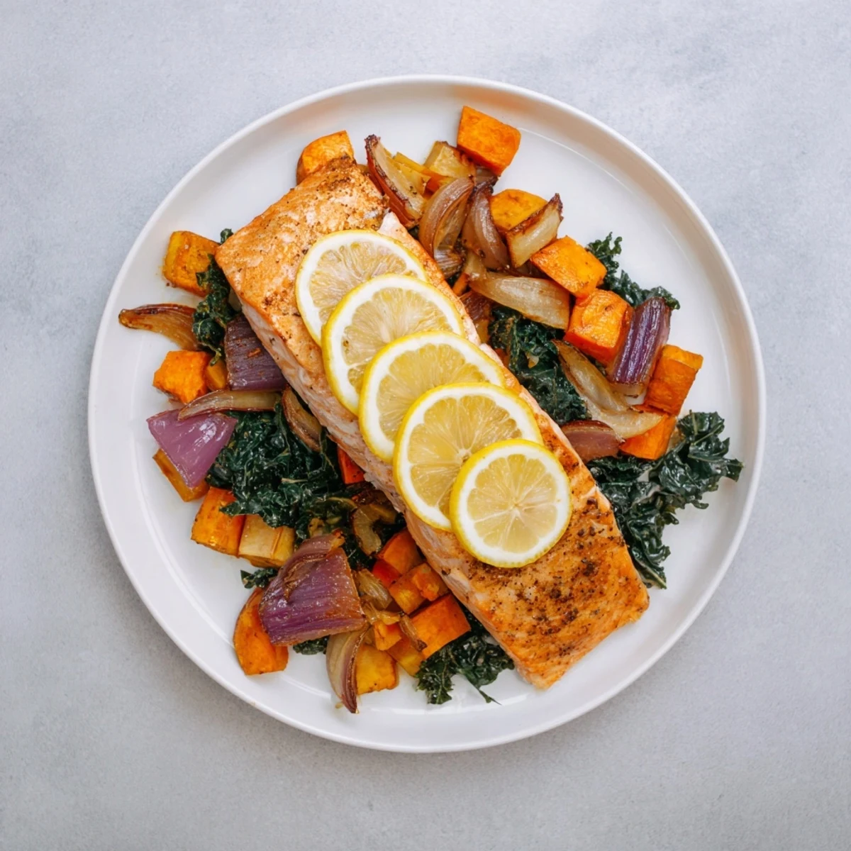 Flaky Sheet-Pan Salmon with colorful roasted winter vegetables, ready for a flavorful bite.