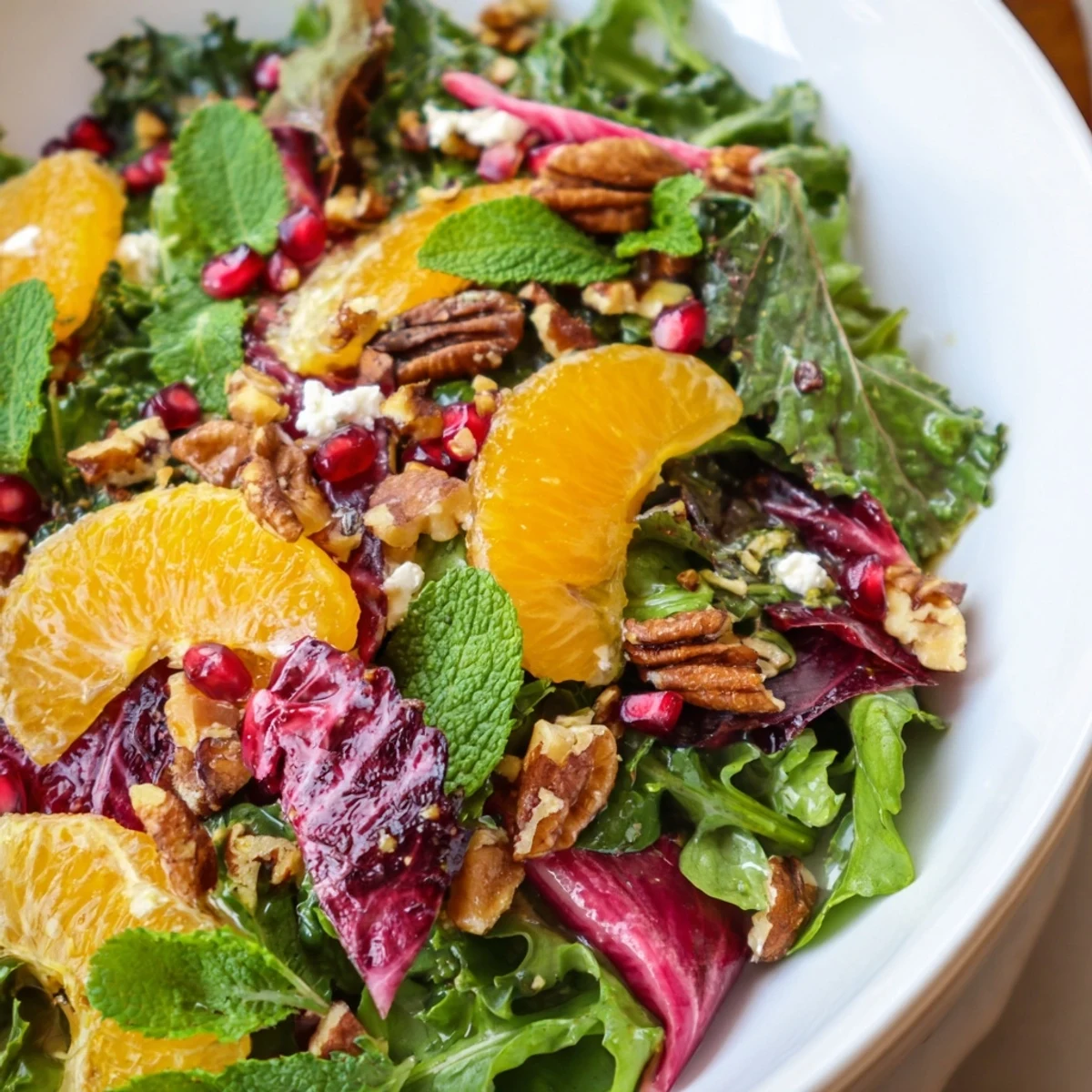 Vibrant Winter Greens Salad with Citrus, boasting bright citrus segments, ruby pomegranate, and crunchy, toasted nuts.
