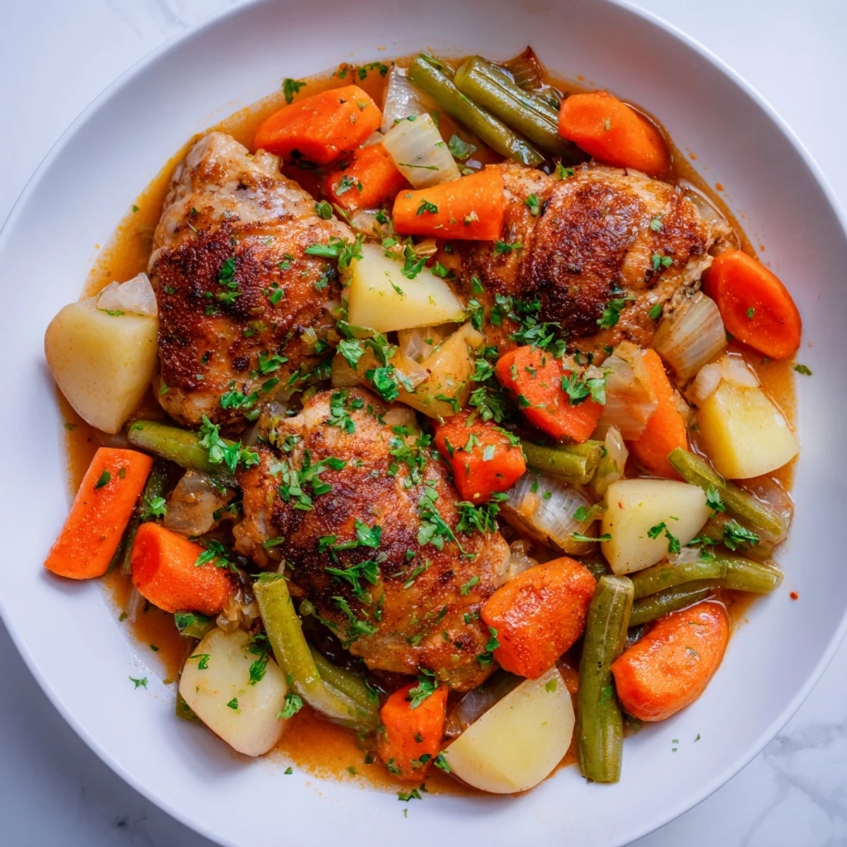 Slow-Cooker Chicken & Vegetable Stew, a classic American dish, steaming hot in a ceramic bowl.