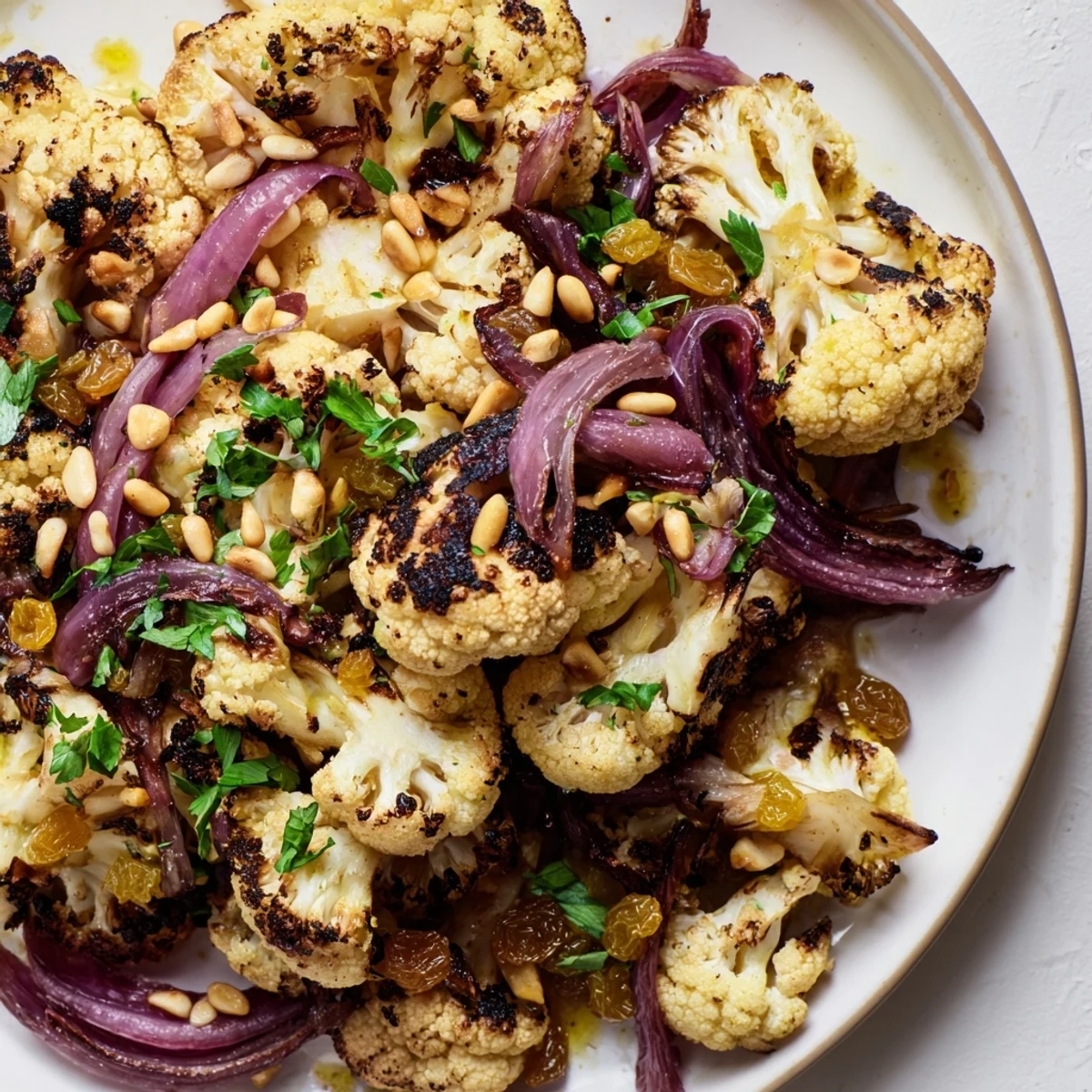 Tender, golden Warm Roasted Cauliflower Salad with bright lemon dressing, ready to enjoy.