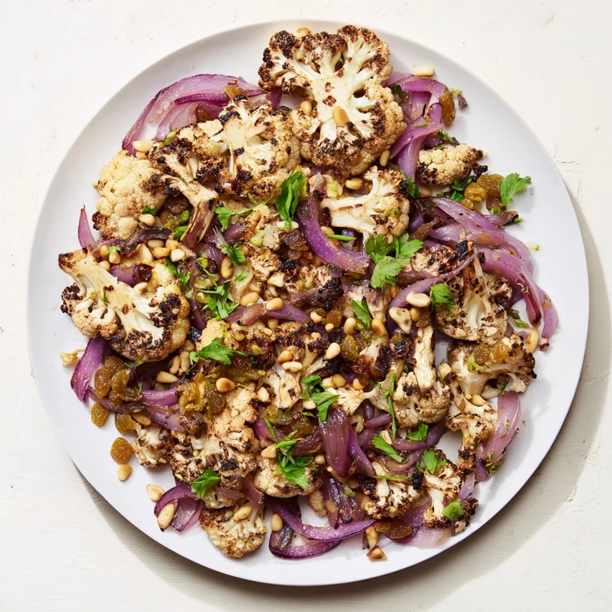 Mediterranean delight: Warm Roasted Cauliflower Salad, featuring toasted pine nuts and zesty flavors.