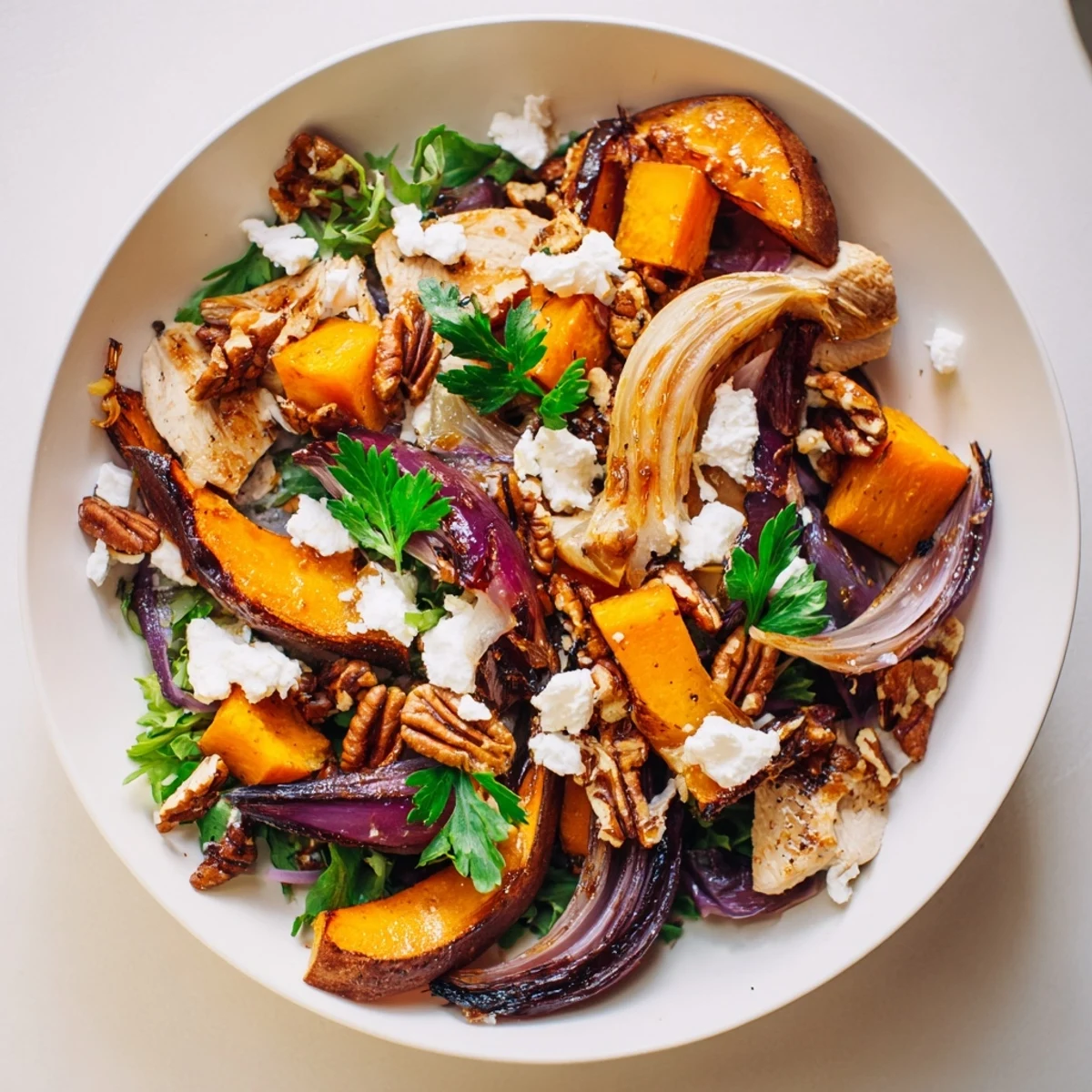 Warm, inviting image of Roasted Chicken & Winter Squash Sheet-Pan Salad with caramelized squash and tender chicken.