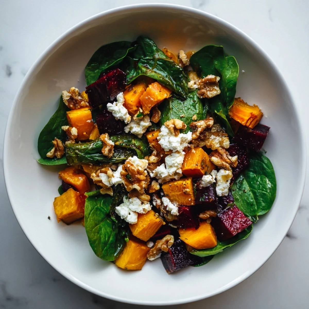 This vibrant Roasted Beet, Butternut & Spinach Salad features a beautiful mix of textures and flavors.