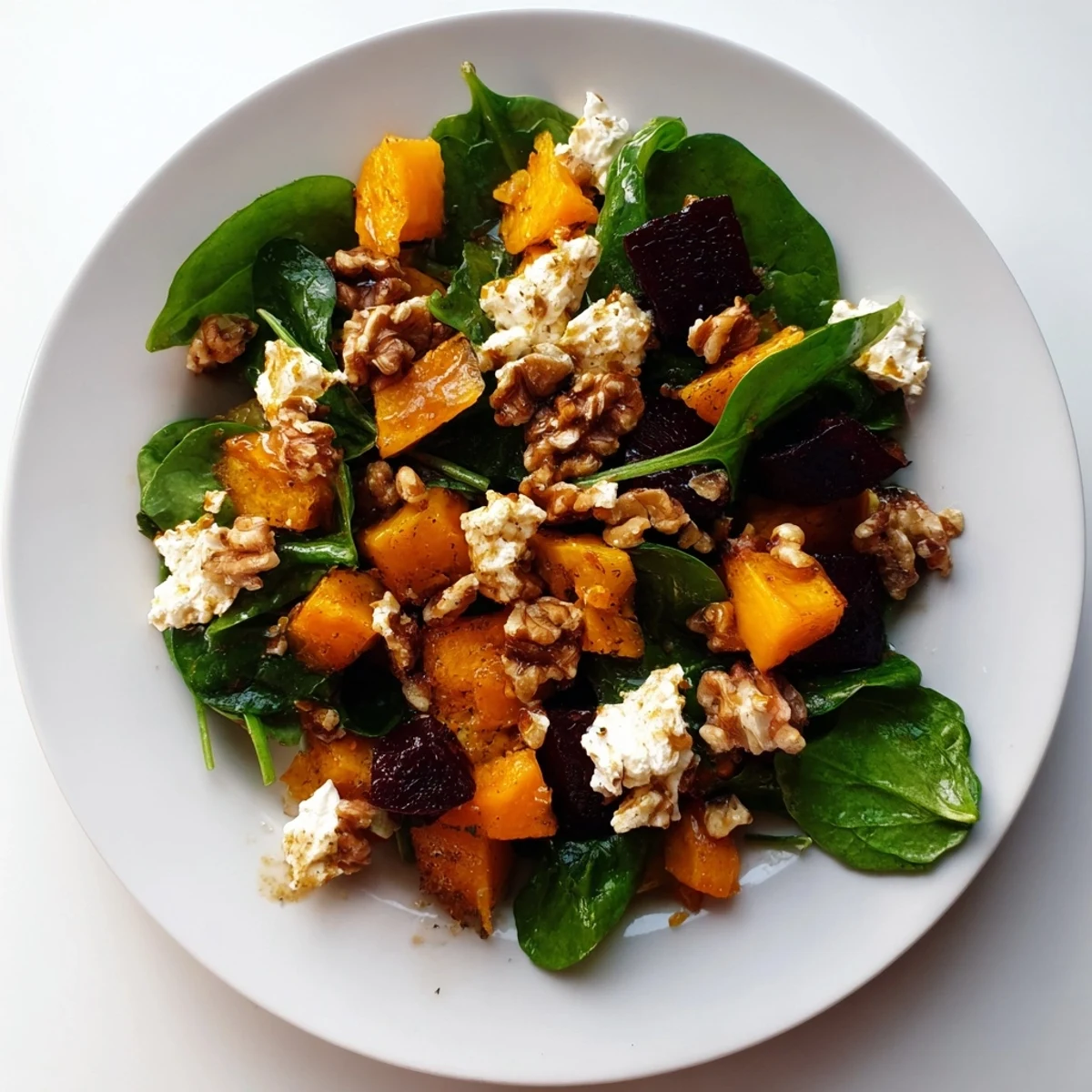 Roasted Beet, Butternut & Spinach Salad: Colorful vegetables with goat cheese, walnuts, drizzled in balsamic vinaigrette.