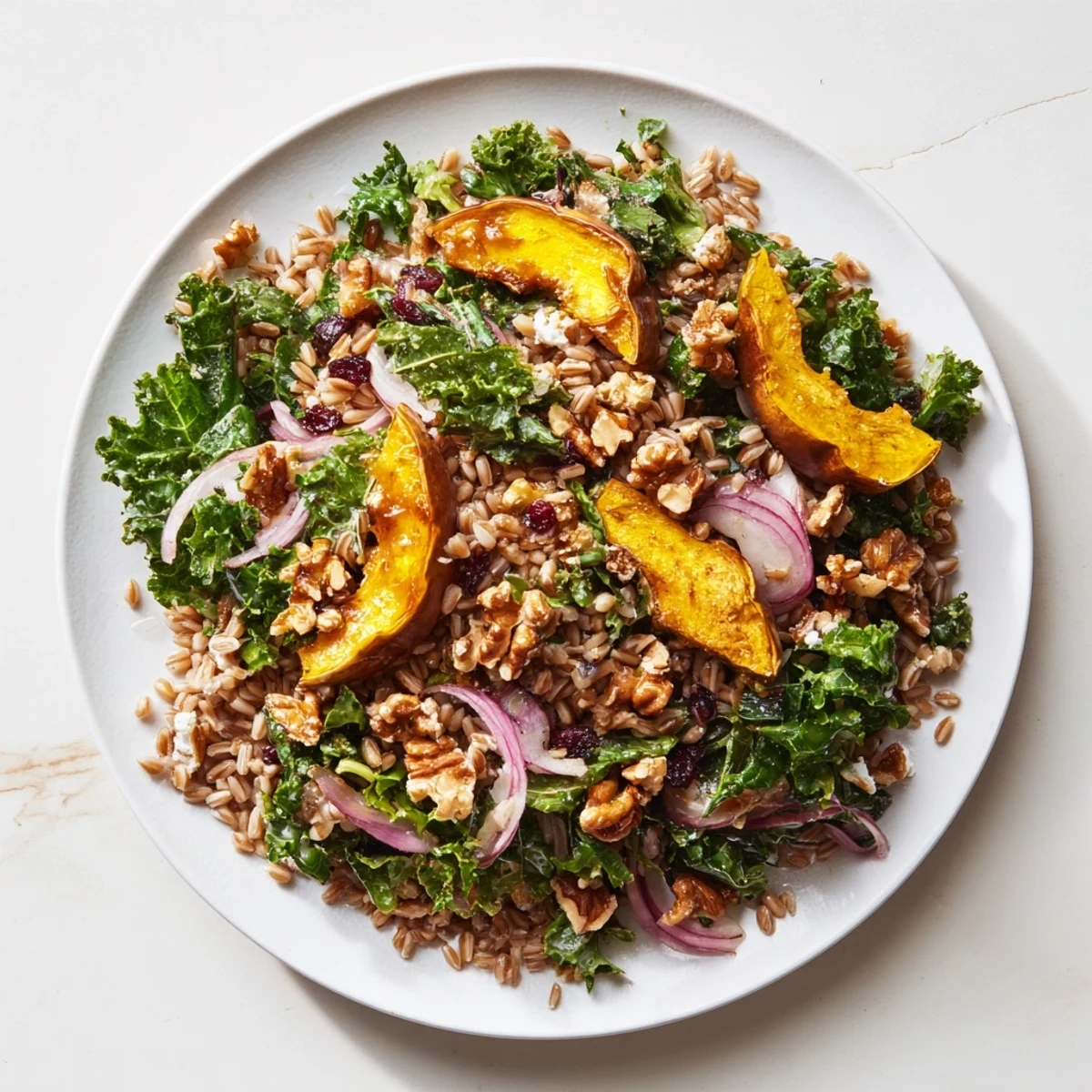 Vibrant Farro & Mustard Green Salad with maple-roasted squash, a colorful presentation, ready to enjoy.