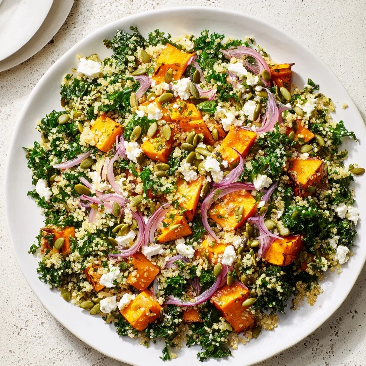 Kale & Quinoa Salad features roasted sweet potatoes, a lemon dressing, and vibrant colors in a bowl.