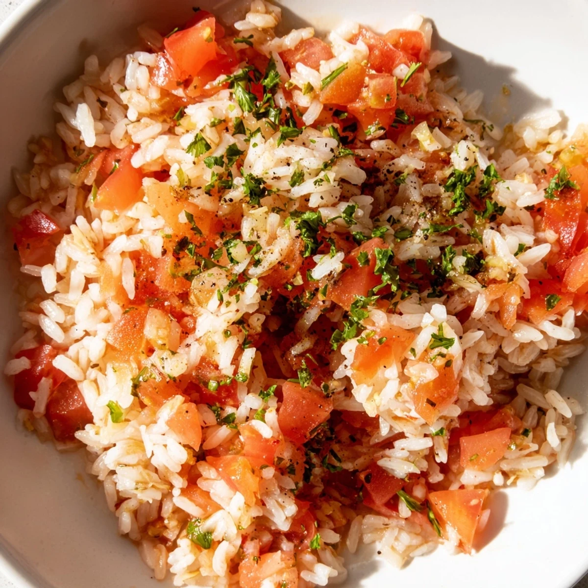 Steaming Tomato-Rice Skillet Dinner, a colorful one-pan meal with fresh parsley garnish.