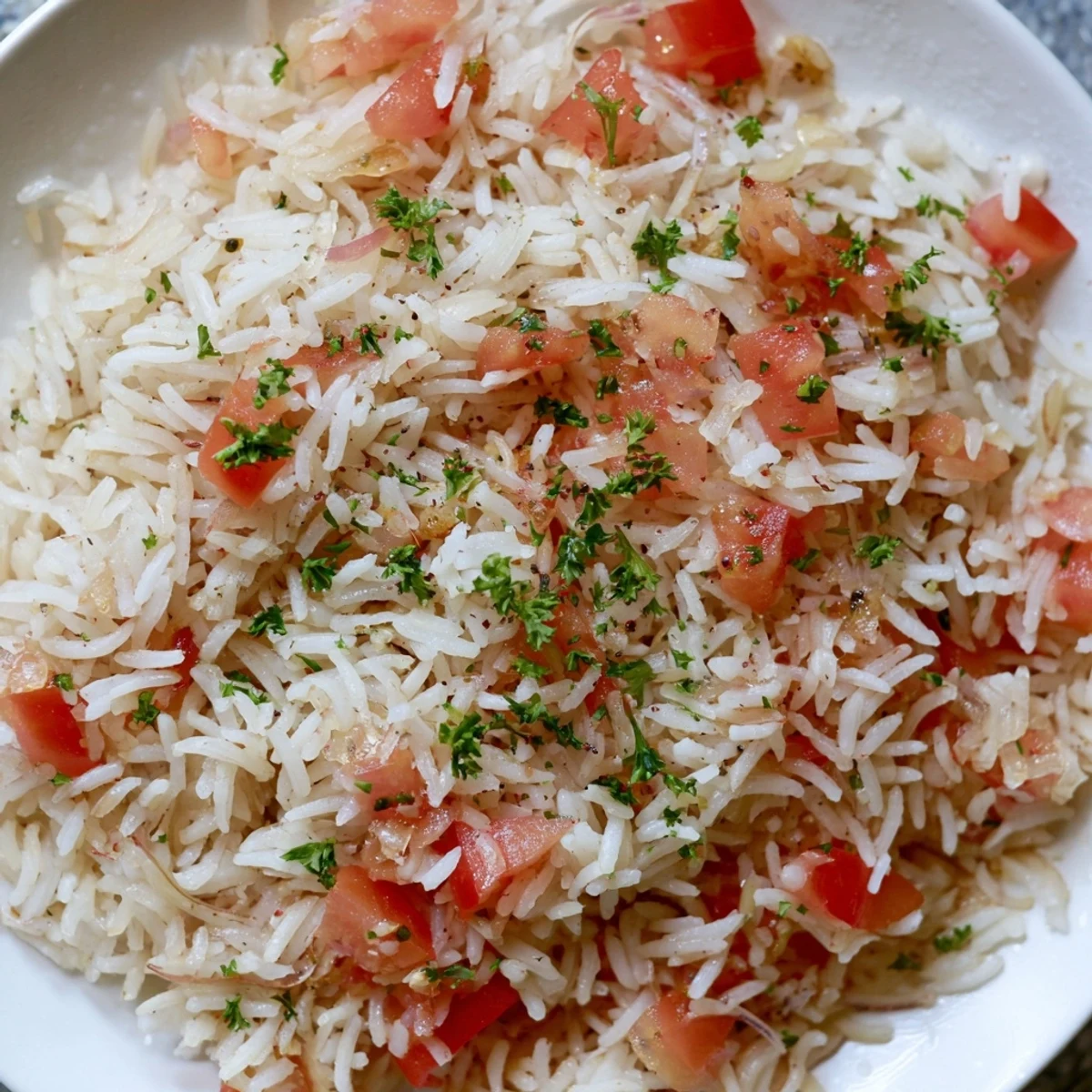 Close-up of the finished Tomato-Rice Skillet Dinner served, showcasing fluffy rice and juicy tomatoes.