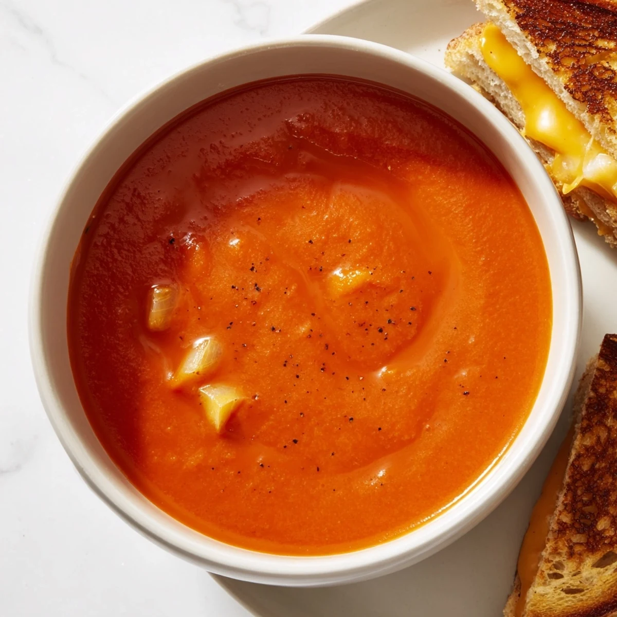 A close-up of the delicious 5-Ingredient Tomato Soup and grilled cheese, ready for a satisfying dunk.