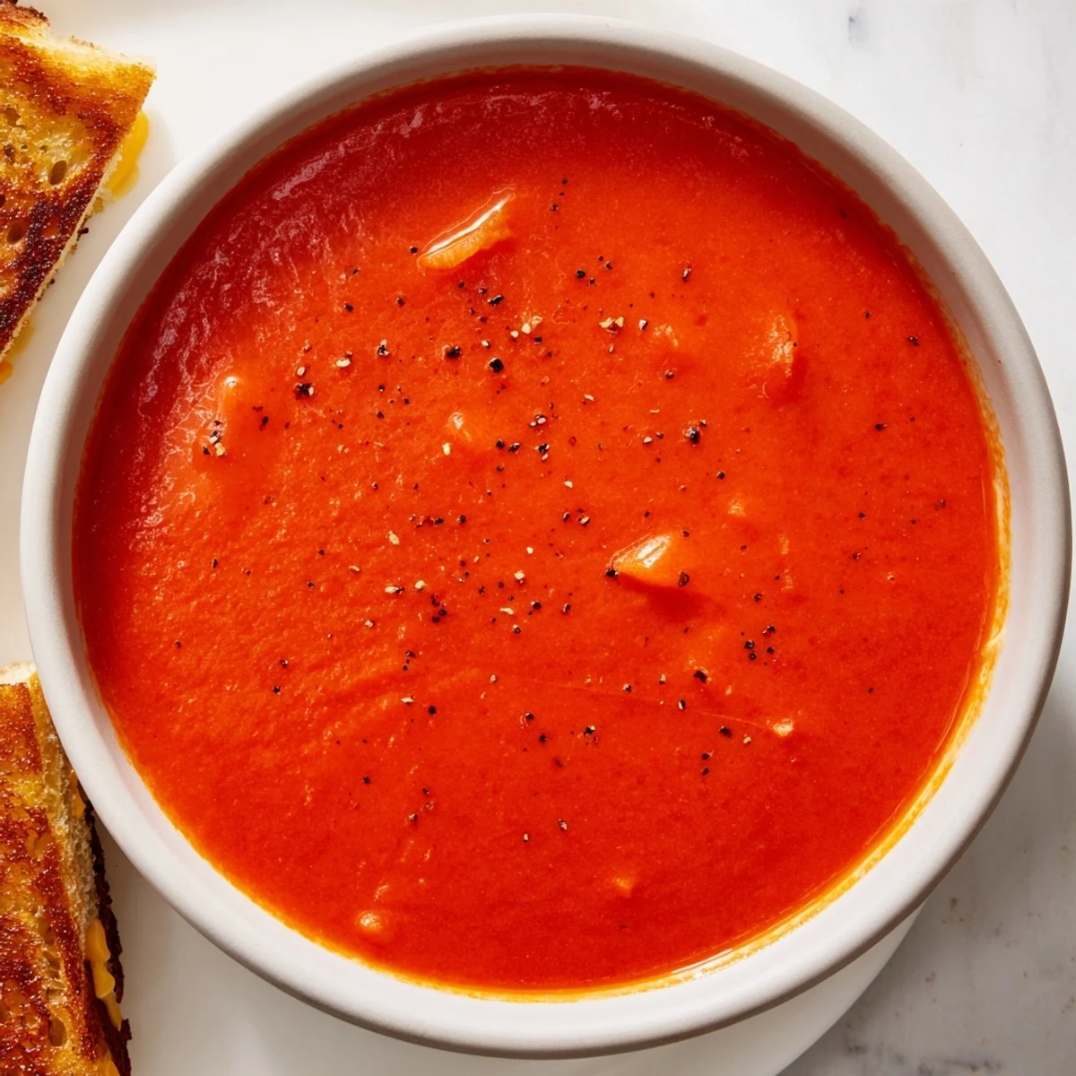 Bowl of creamy 5-Ingredient Tomato Soup beside golden grilled cheese, perfect for dipping.