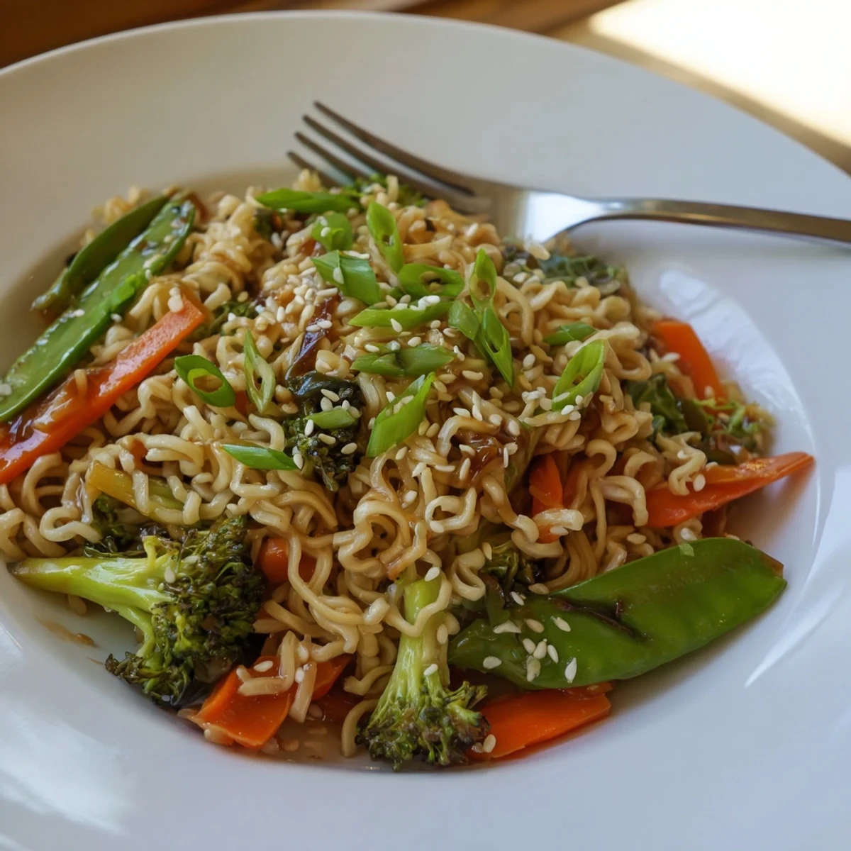 Steaming ramen noodle stir-fry remix, a quick dinner with vibrant vegetables and savory sauce.