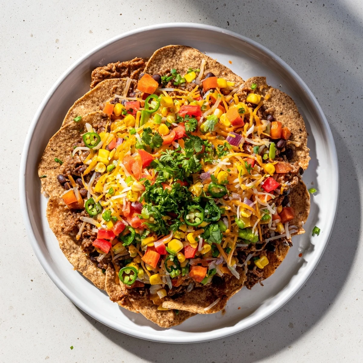 Warm sheet-pan nachos with melted cheddar, colorful veggies, and pantry beans, ready to eat.