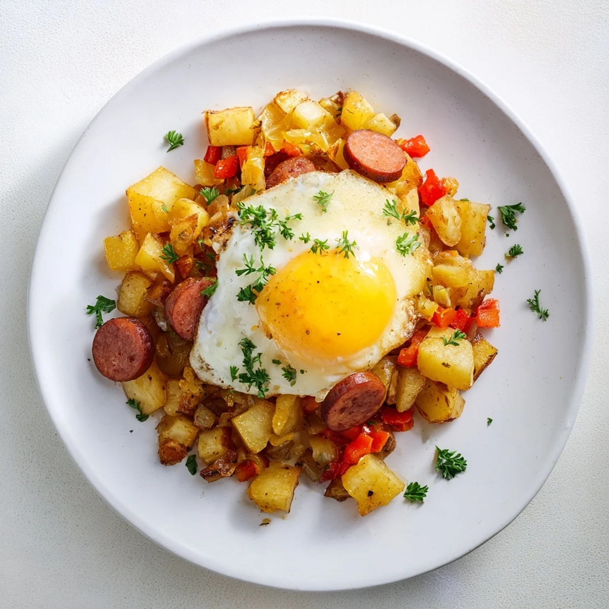 Golden-brown Egg & Potato Hash with Hot Dogs, perfect for a hearty breakfast or brunch.