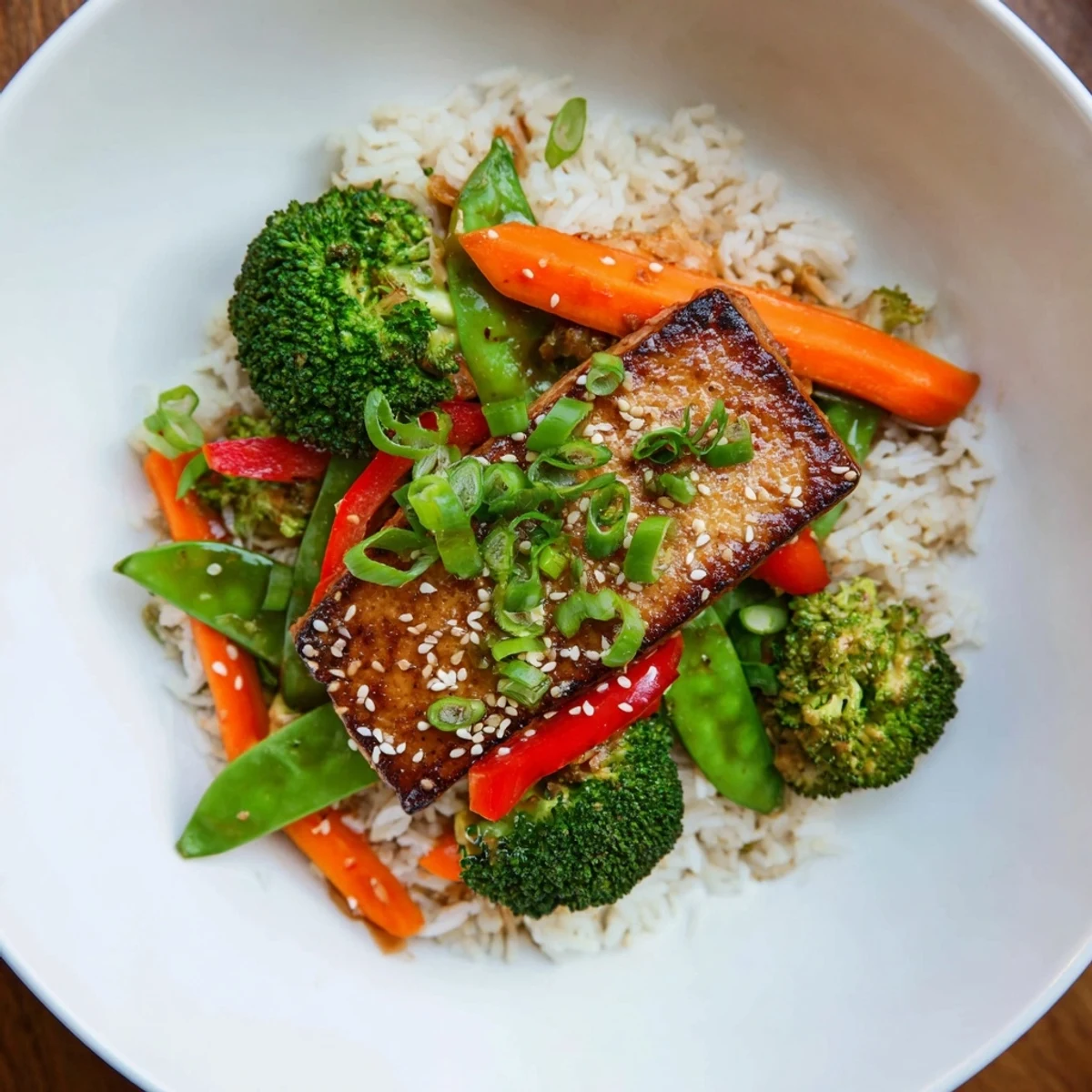Golden-brown pressed tofu steaks sit atop vibrant stir-fried veggies with fluffy rice, a satisfying meal.