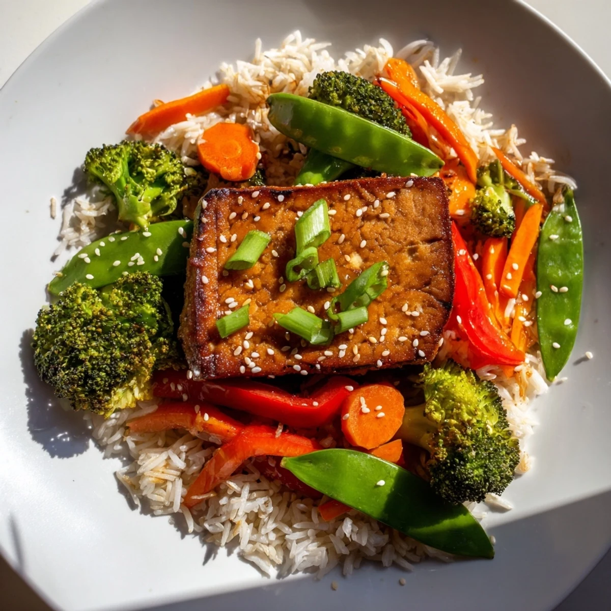 Crispy pan-seared tofu steaks, with colorful stir-fried vegetables, and rice are plated, ready to enjoy.