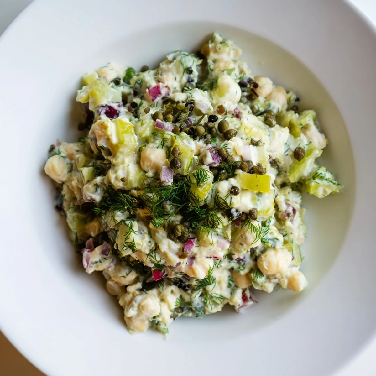 Creamy chickpea tuna salad, a vegan delight with chunks of veggies, perfect for sandwiches.