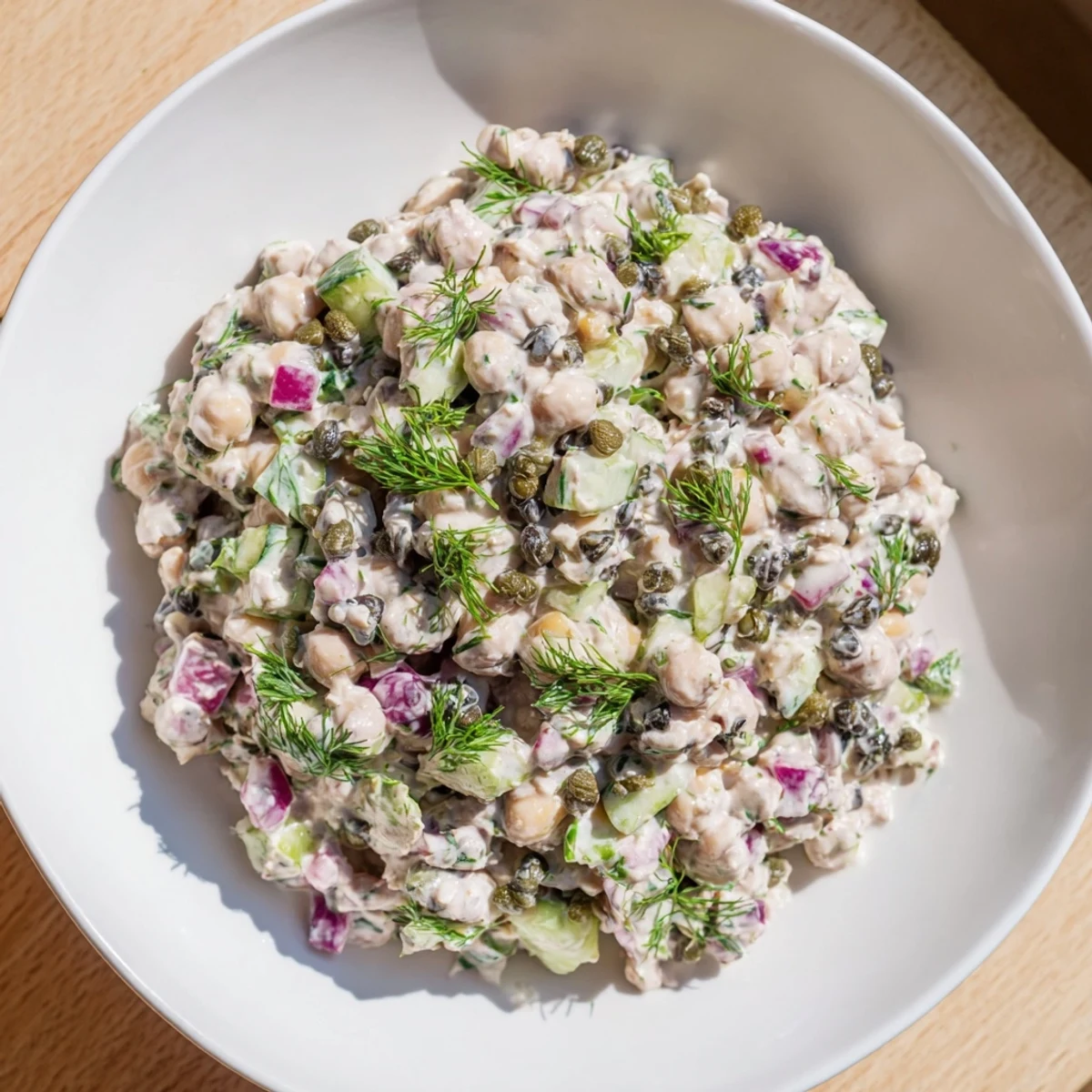 Close-up of a flavorful chickpea tuna salad, showcasing mixed fresh vegetables and creamy dressing.