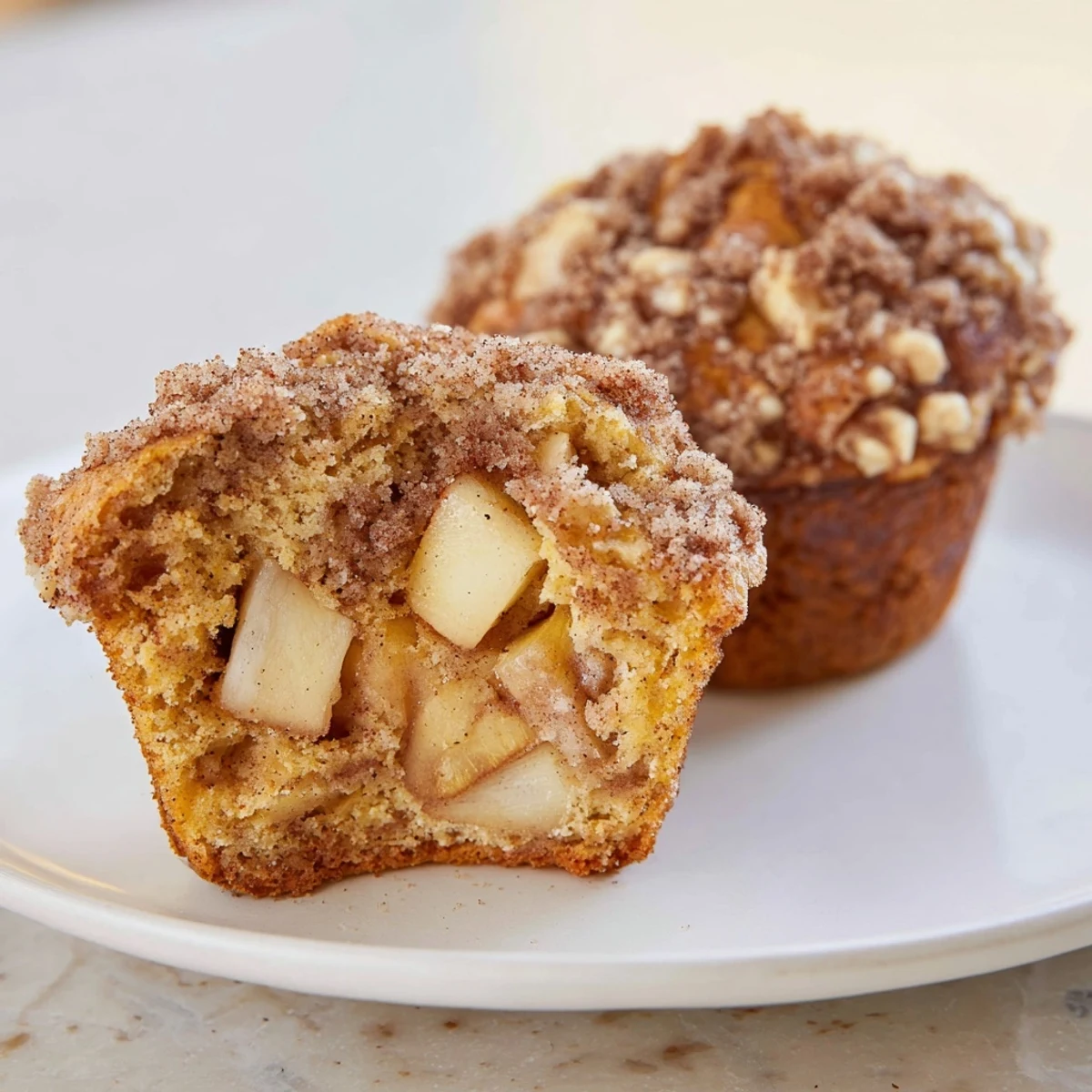Freshly baked cinnamon apple muffins, showing soft interiors with tender apple pieces, and a cinnamon topping.