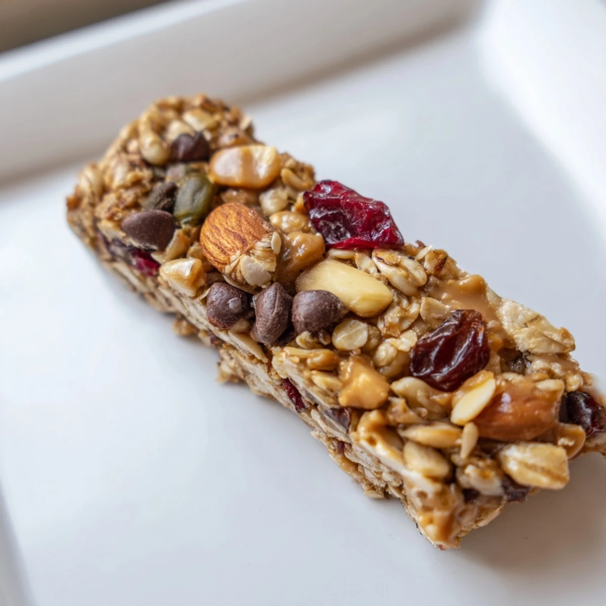 Golden-brown, chewy homemade granola bars, studded with nuts and chocolate chips, ready to eat.
