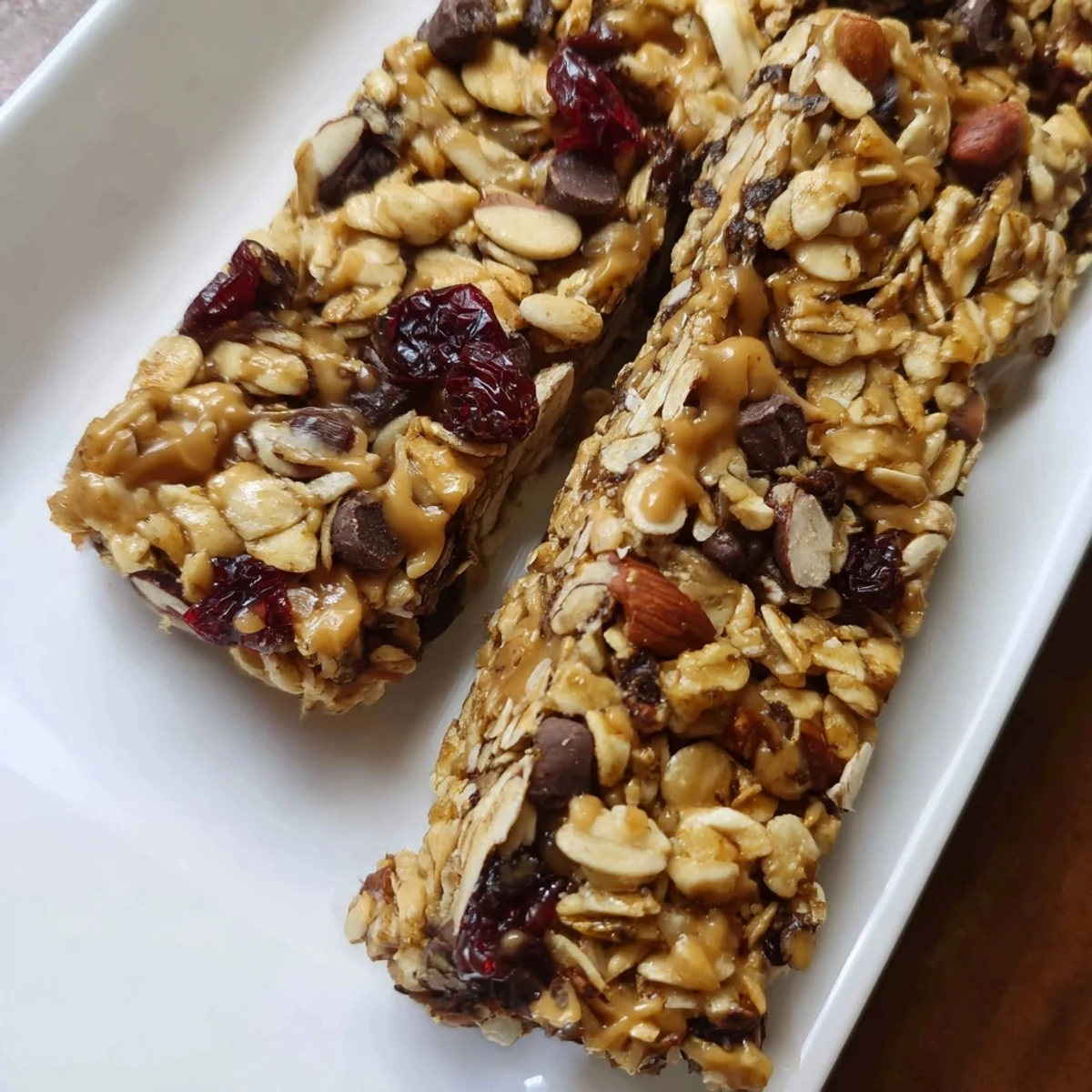 Close-up of freshly baked homemade granola bars, featuring a mix of textures and delicious ingredients.