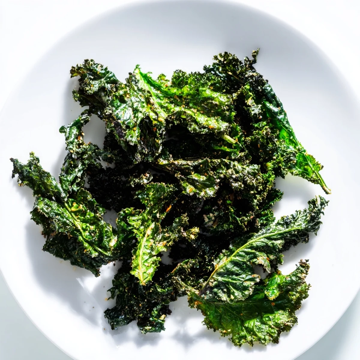 Golden, crispy baked kale chips, a healthy snack with sea salt and pepper seasoning.