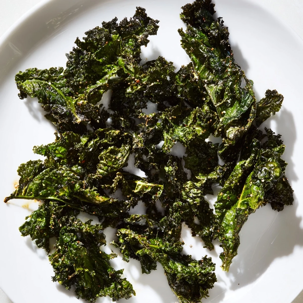 Oven-baked kale chips, perfectly crunchy and seasoned, ready to enjoy as a flavorful snack.
