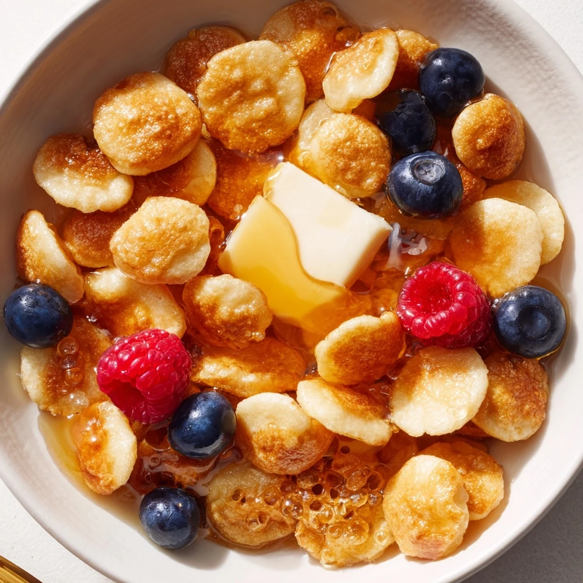 Warm, bite-sized pancake cereal piled high, inviting a scoop with a spoon and adding fresh berries.