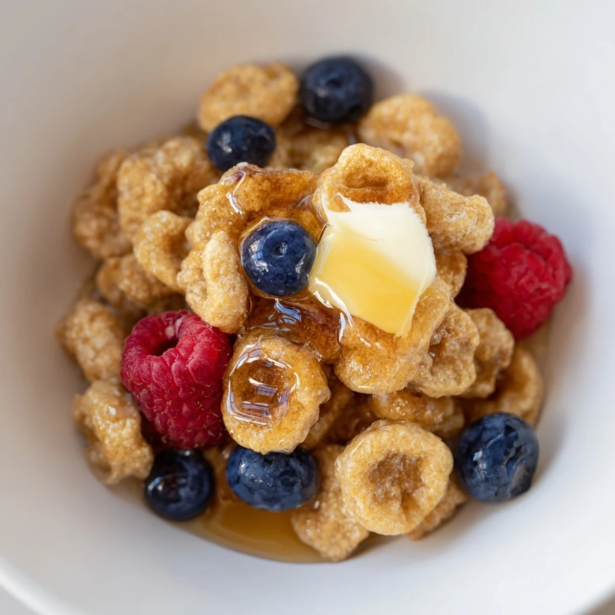 Fluffy golden pancake cereal, a fun breakfast ready to be drenched in warm maple syrup.
