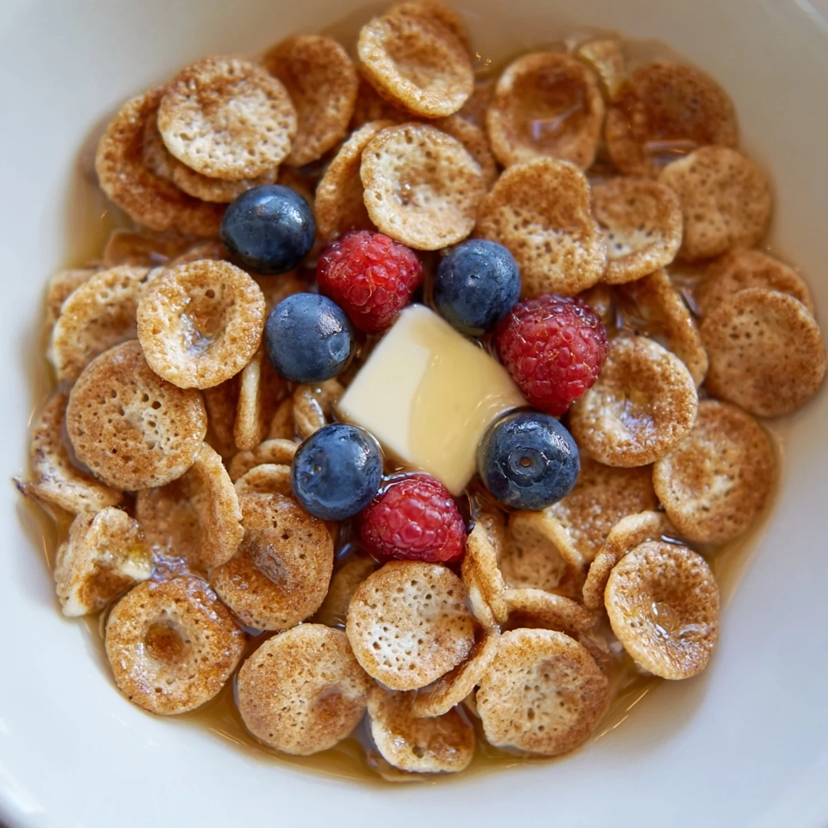 A bowl of mini pancake cereal, a delightful American breakfast with a pat of melting butter.