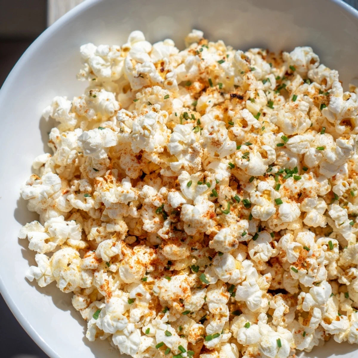 A close-up of vibrant savoury popcorn mixes, seasoned with herbs, spices, and cheese, ready to be enjoyed.