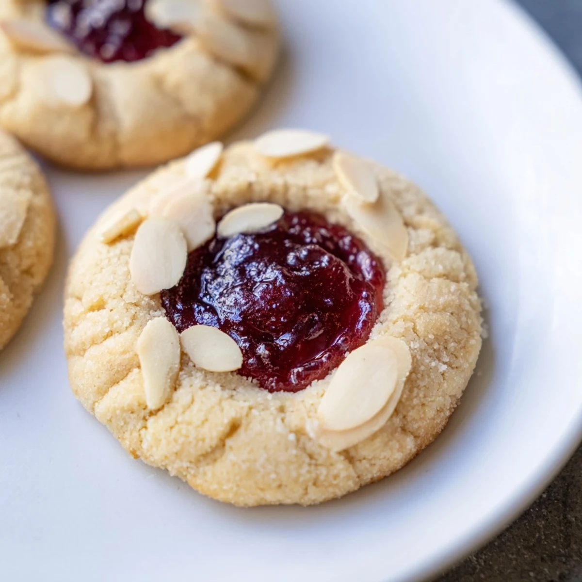 Golden cherry almond thumbprint cookies, buttery and delicious, perfect for a holiday cookie tray.