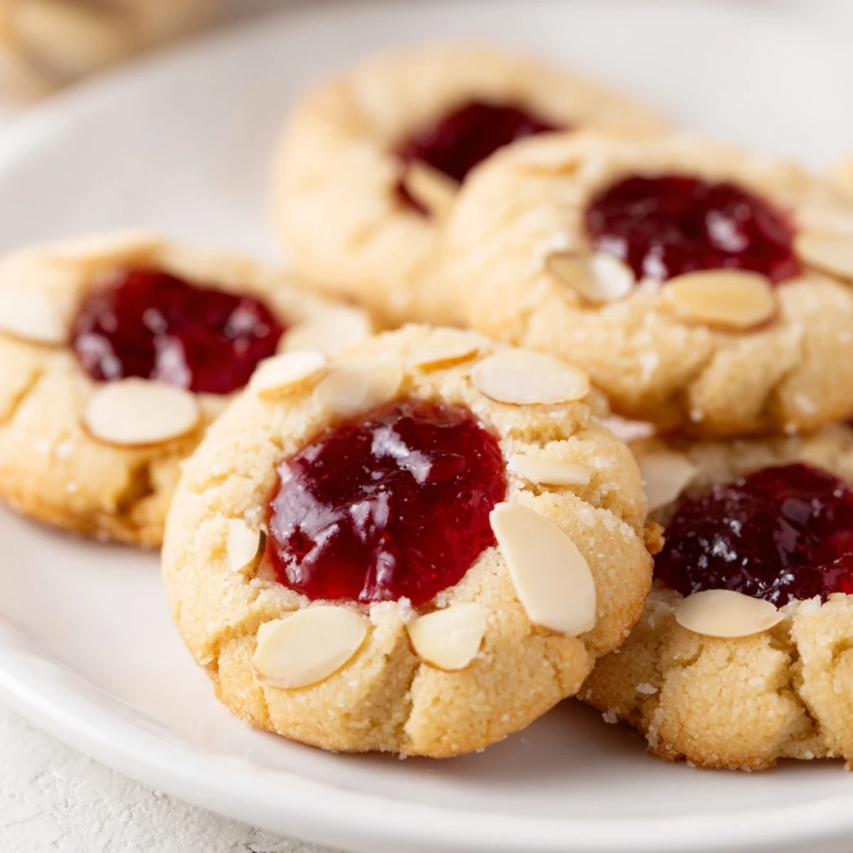 Warm, freshly baked Cherry Almond Thumbprint Cookies, showing a delicious, inviting dessert ready to enjoy.