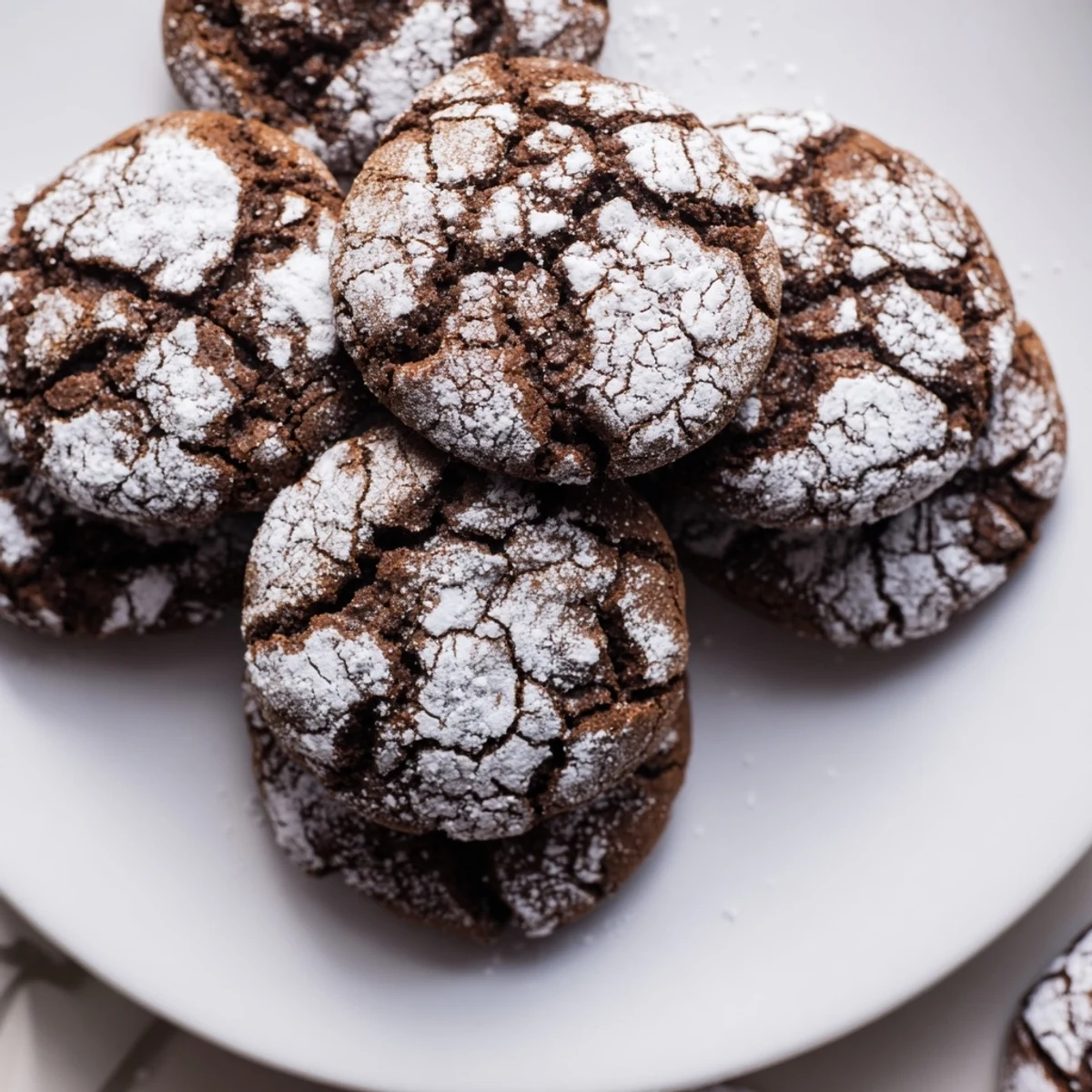 Freshly baked Chocolate Gingerbread Crinkle Cookies dusted with powdered sugar, ready to enjoy.