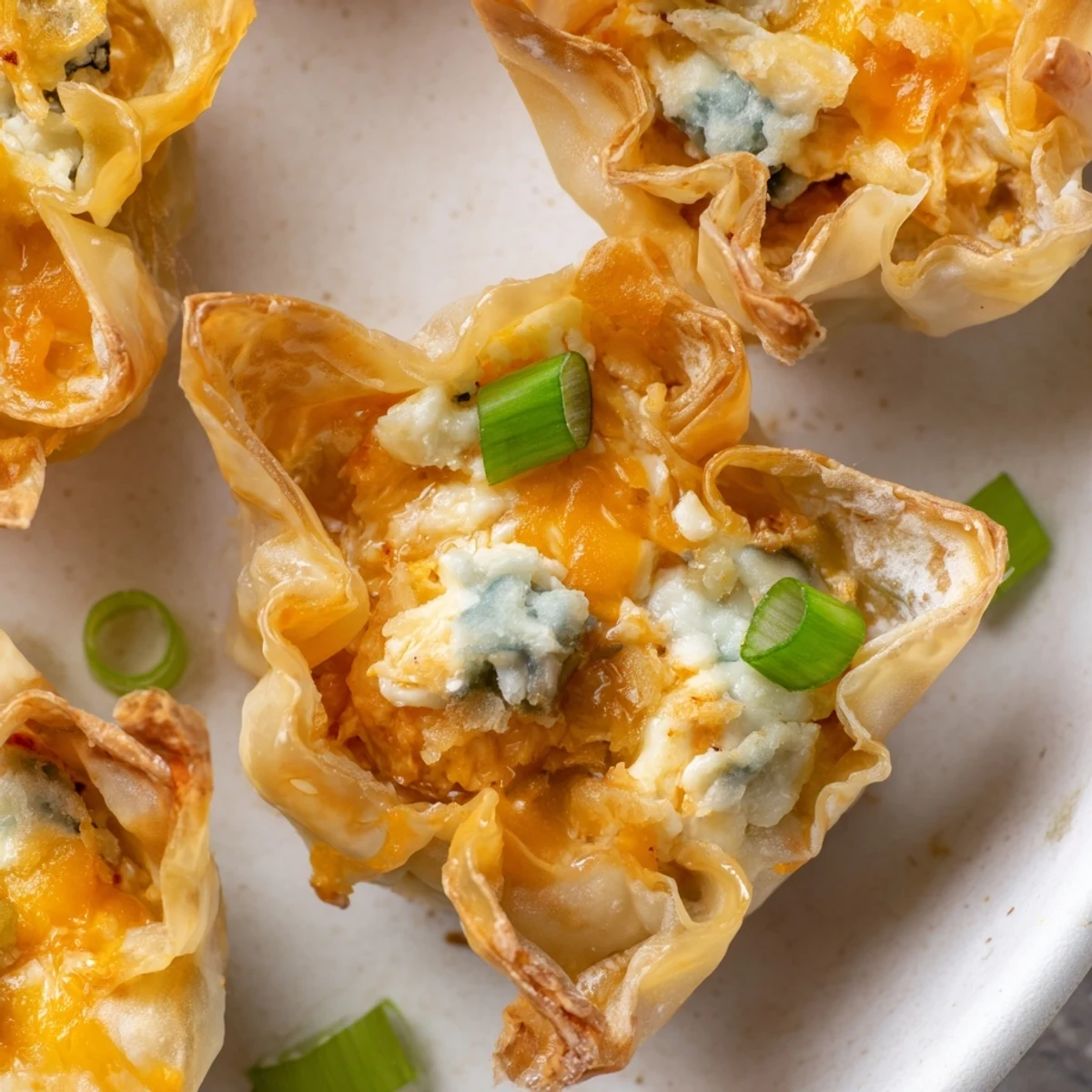 Spicy, cheesy Buffalo Chicken Dip Pinwheel Wontons served with cool ranch dressing for dipping.