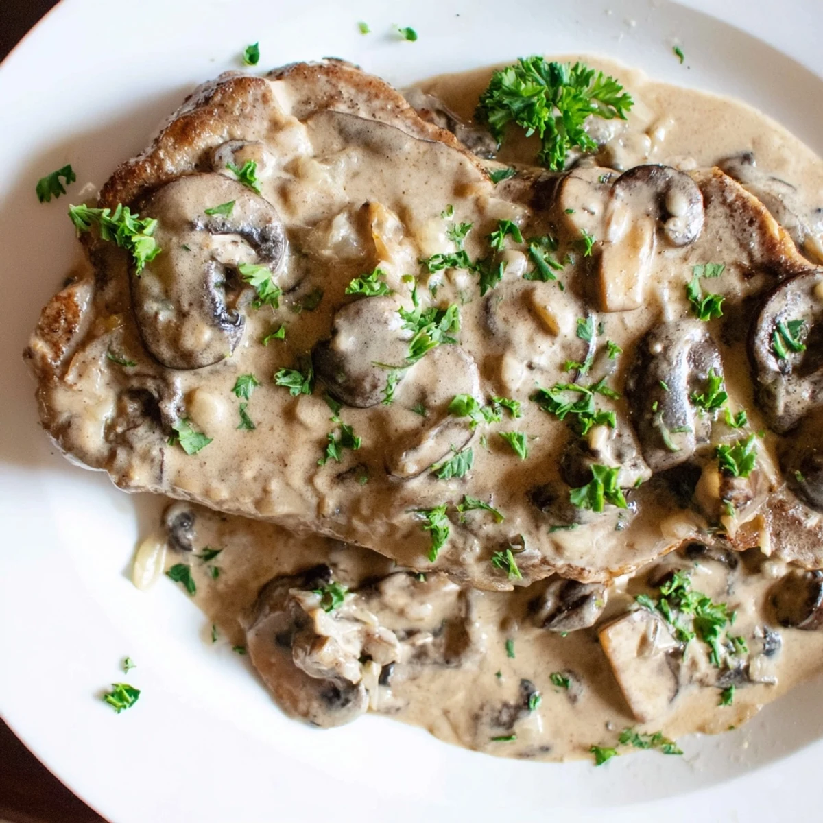 Golden-brown stovetop pork chops smothered in creamy mushroom sauce, perfect for a cozy dinner.