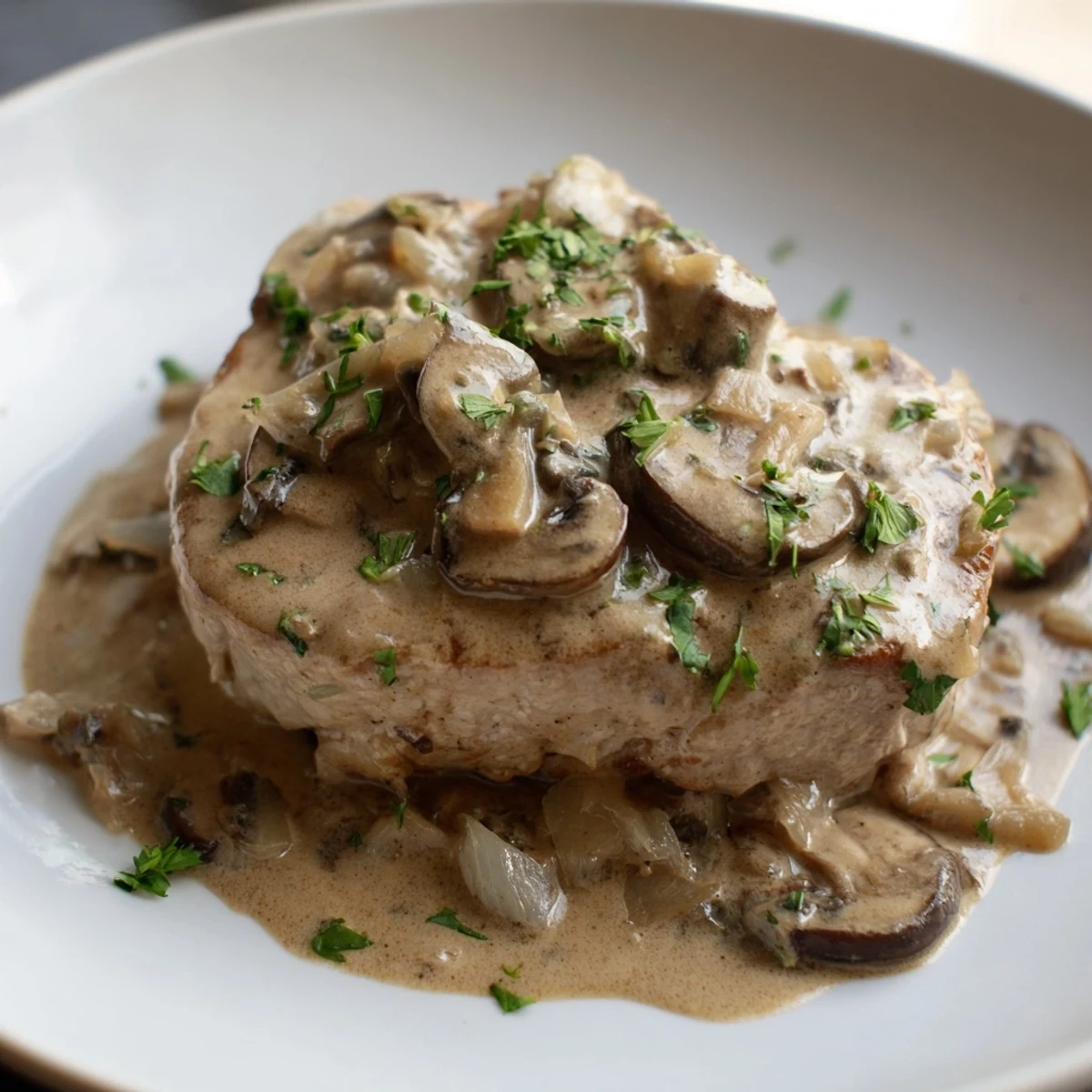Hearty stovetop pork chops and mushroom sauce, served on a bed of fluffy mashed potatoes for a comforting meal.