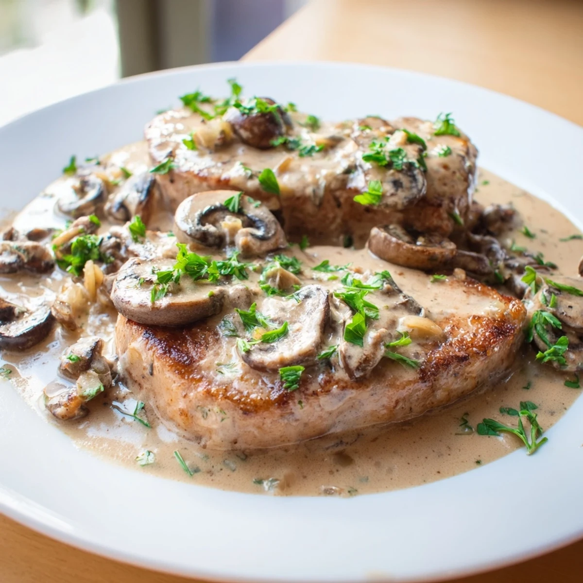 Juicy stovetop pork chops swimming in a rich cream of mushroom sauce; a quick and easy American classic.