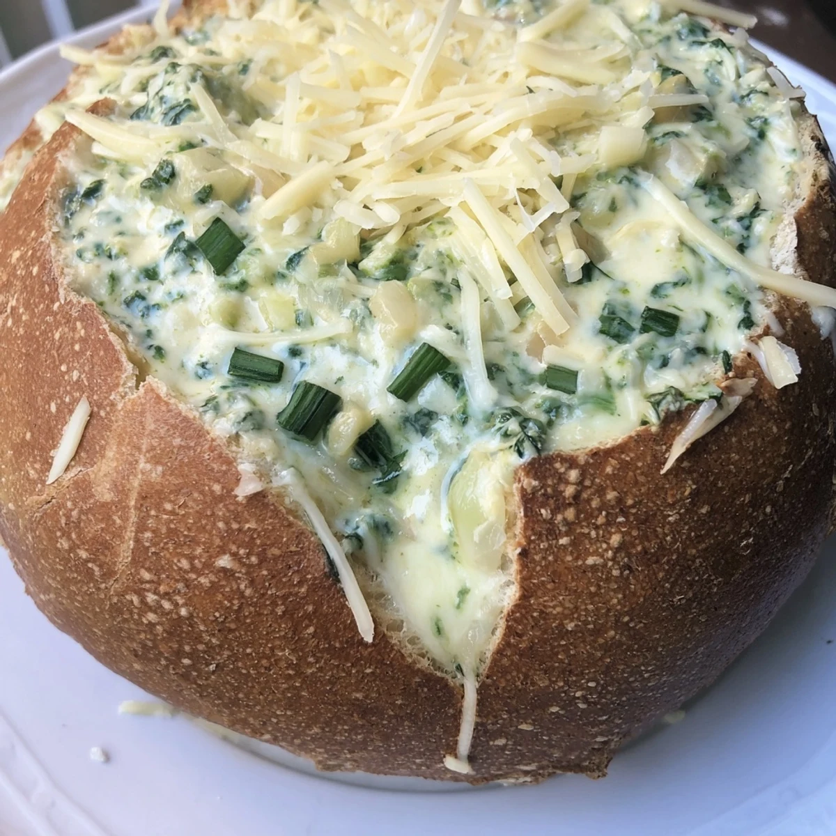 Close-up of Best-Ever Spinach Dip in a Bread Bowl, bubbling with melted cheese fresh from the oven.