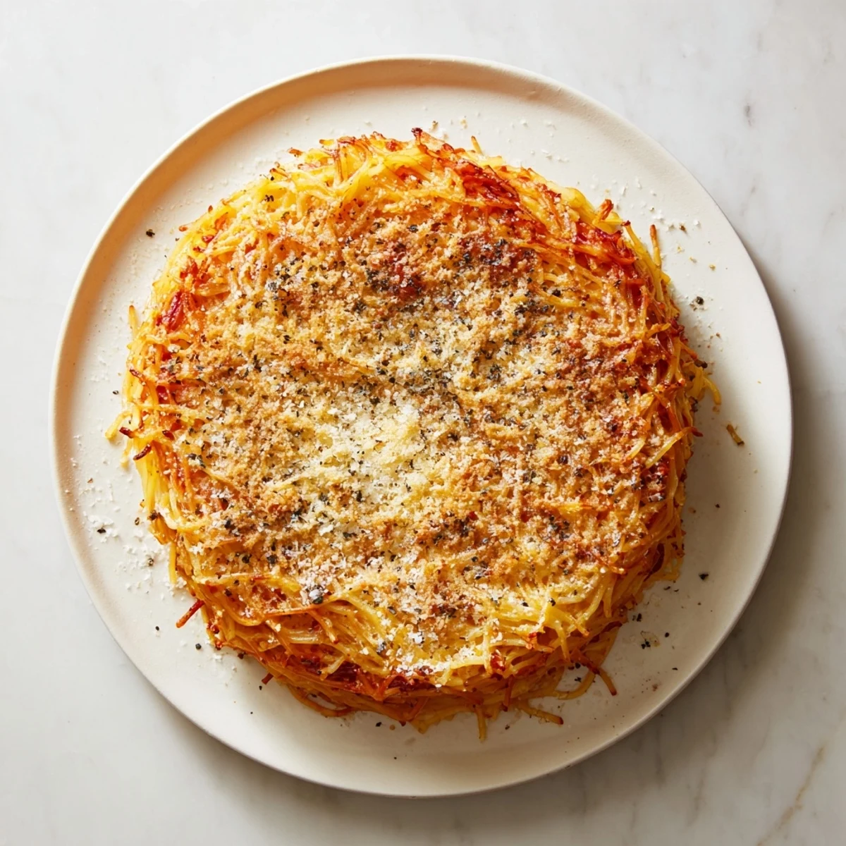 Golden-brown Cacio e Pepe Pasta Pie, a satisfying baked dish with creamy cheese and pepper.